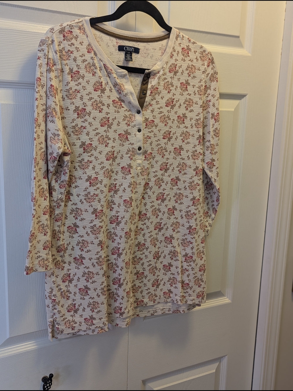Chaps Cream Long Sleeve Henley with Rose Print
